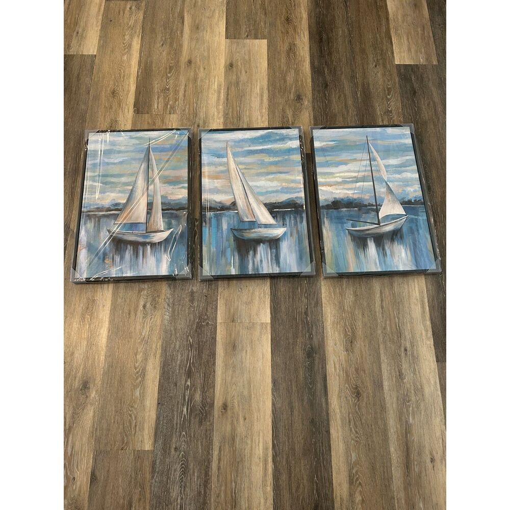 NWT HOMZEEPU Large Sailboat Nautical Beach Canvas Wall Art 3-Piece Set 16" x 24"